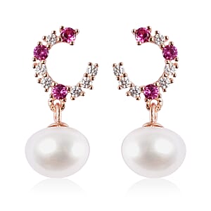 White Freshwater Cultured Pearl and Simulated Diamond Drop Hoop Earrings in 14K Rose Gold Over Sterling Silver