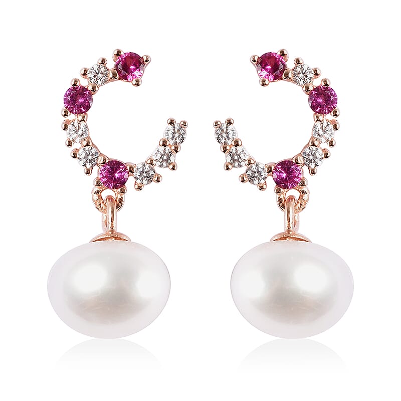 White Freshwater Cultured Pearl and Simulated Diamond Drop Hoop Earrings in 14K Rose Gold Over Sterling Silver