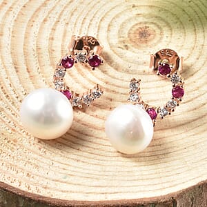 White Freshwater Cultured Pearl and Simulated Diamond Drop Hoop Earrings in 14K Rose Gold Over Sterling Silver