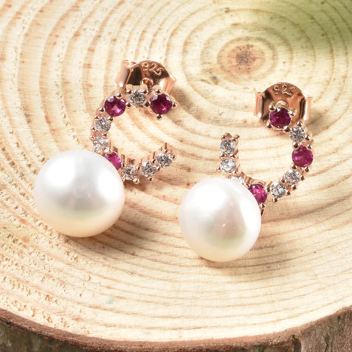 White Freshwater Cultured Pearl and Simulated Diamond Drop Hoop Earrings in 14K Rose Gold Over Sterling Silver image number 1