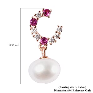 White Freshwater Cultured Pearl and Simulated Diamond Drop Hoop Earrings in 14K Rose Gold Over Sterling Silver