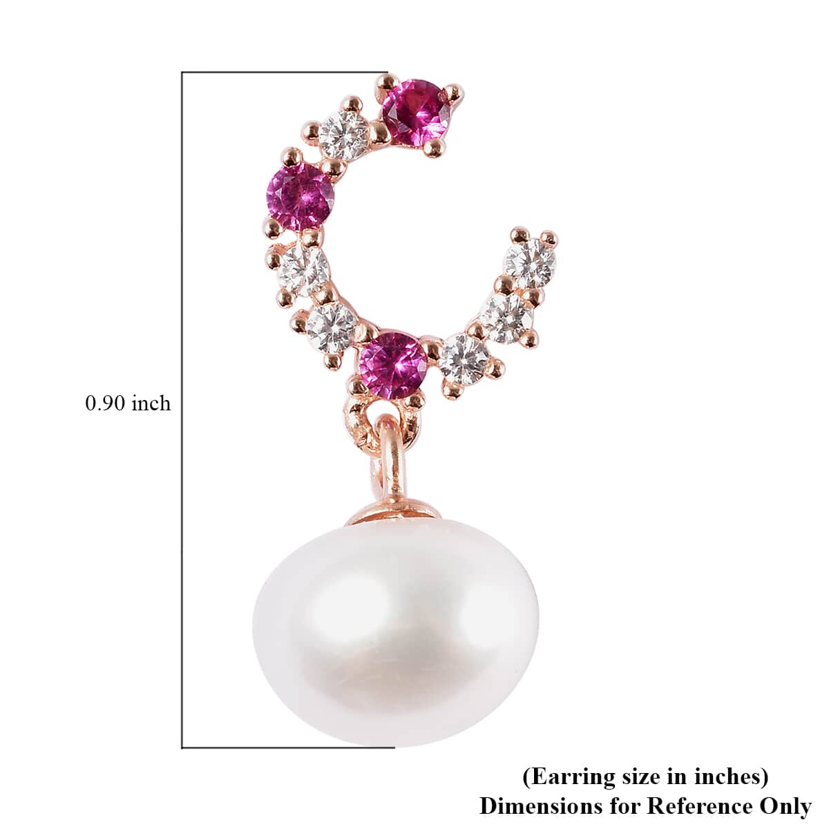 White Freshwater Cultured Pearl and Simulated Diamond Drop Hoop Earrings in 14K Rose Gold Over Sterling Silver image number 3