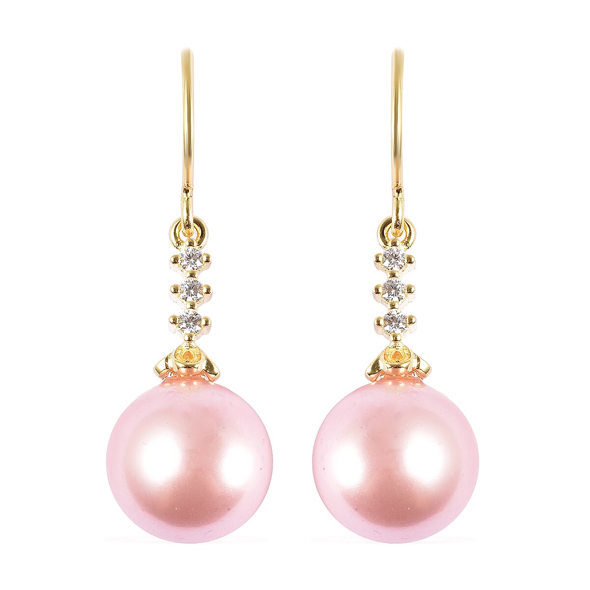 Pink Shell Pearl and Simulated Diamond Drop Earrings in 14K Yellow Gold Over Sterling Silver