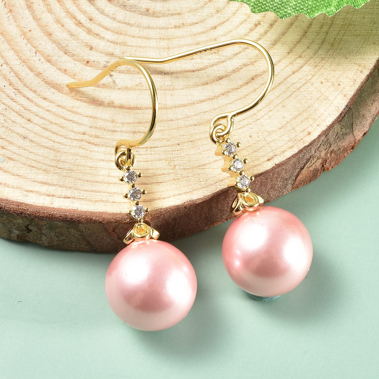 Pink Shell Pearl and Simulated Diamond Drop Earrings in 14K Yellow Gold Over Sterling Silver