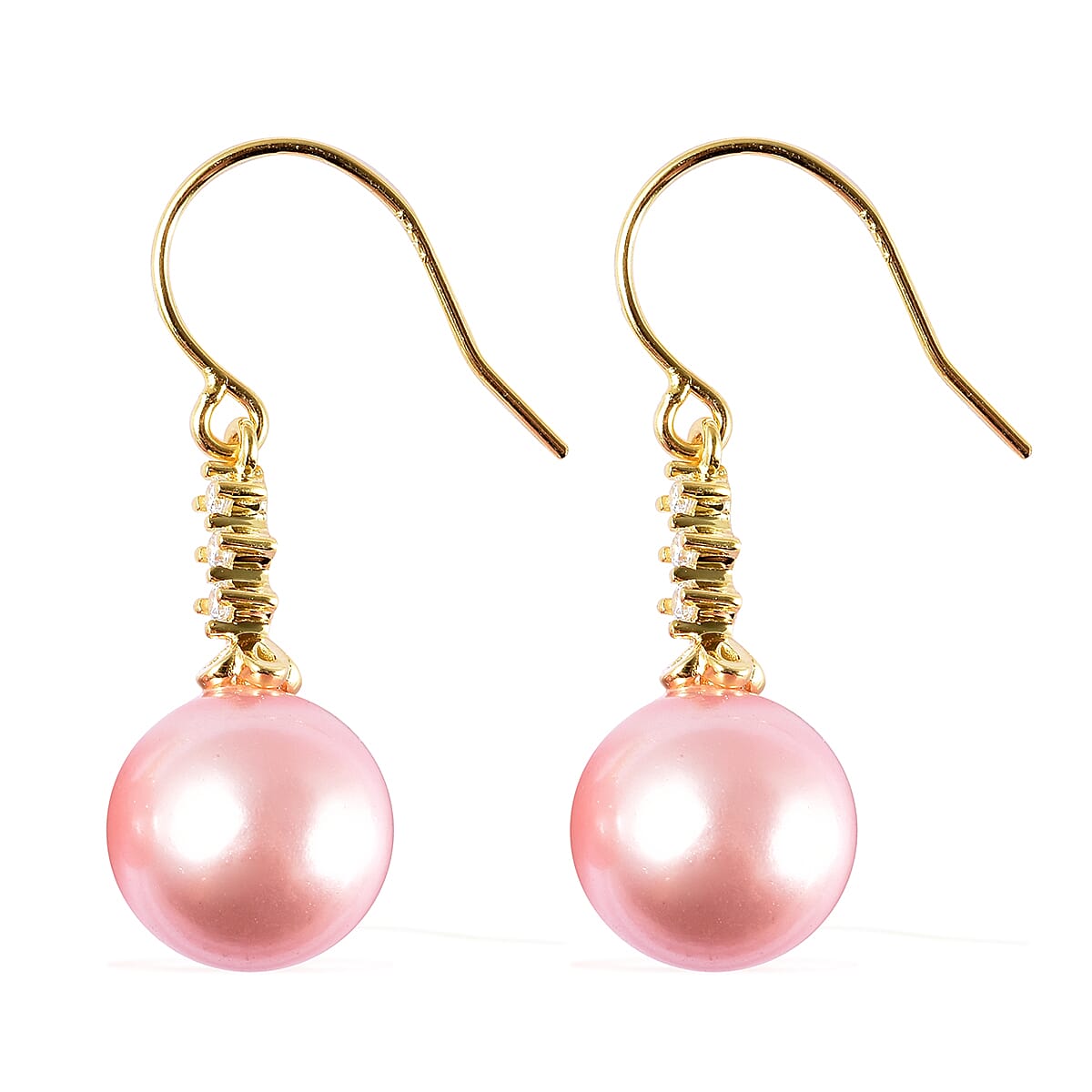 Pink Shell Pearl and Simulated Diamond Drop Earrings in 14K Yellow Gold Over Sterling Silver