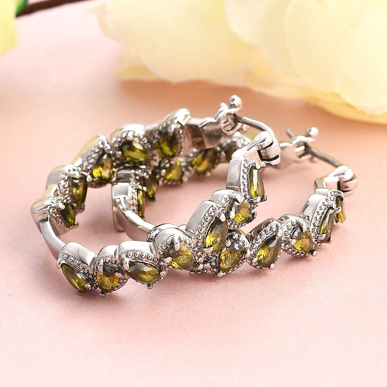 Simulated Green Diamond Hoop Earrings in Stainless Steel 7.65 ctw