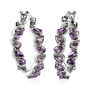 Simulated Amethyst Color Diamond Hoop Earrings in Stainless Steel