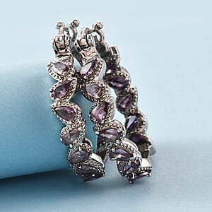 Simulated Amethyst Color Diamond Hoop Earrings in Stainless Steel