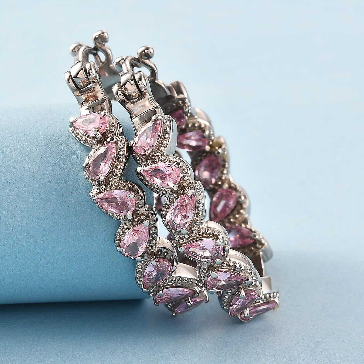 Simulated Pink Diamond Hoop Earrings in Stainless Steel image number 1
