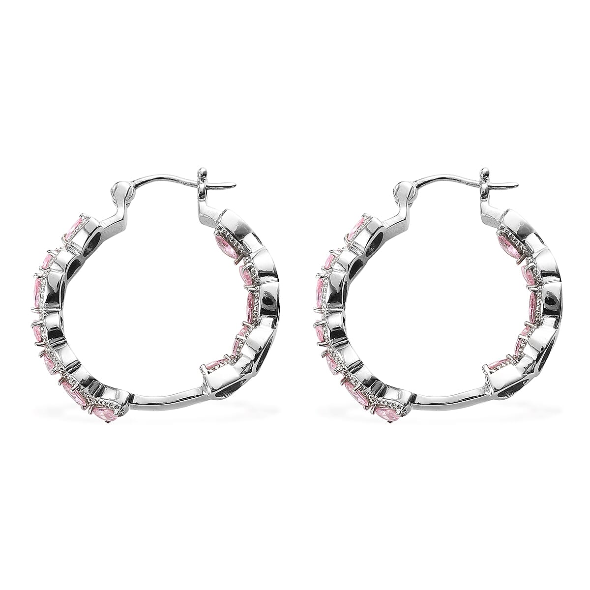 Simulated Pink Diamond Hoop Earrings in Stainless Steel image number 2
