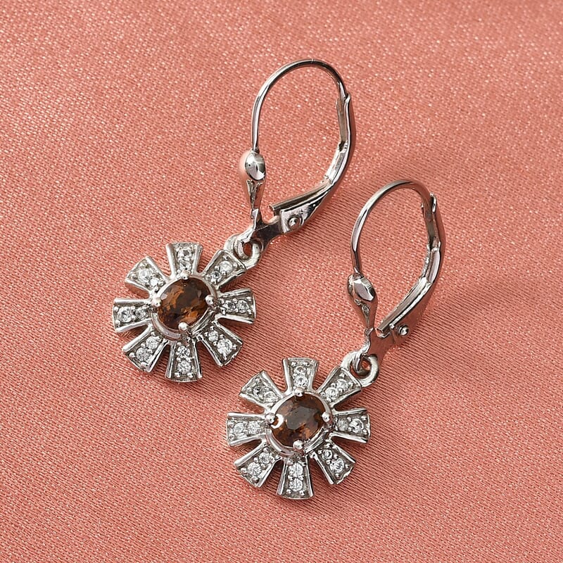 Natural Ambanja Champagne Demantoid Garnet and Zircon Dangling Earrings in Platinum Over Sterling Silver 0.80 ctw
