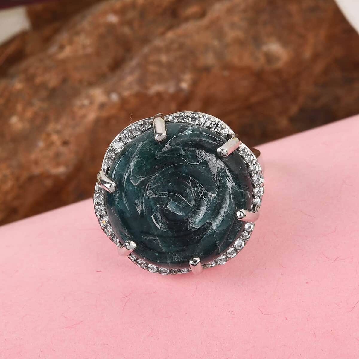 Teal Grandidierite Carved and Zircon Fancy Ring in Platinum Over Sterling Silver (Size 7.0) 18.50 ctw image number 1