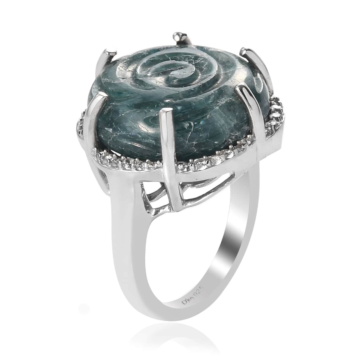 Teal Grandidierite Carved and Zircon Fancy Ring in Platinum Over Sterling Silver (Size 7.0) 18.50 ctw image number 3