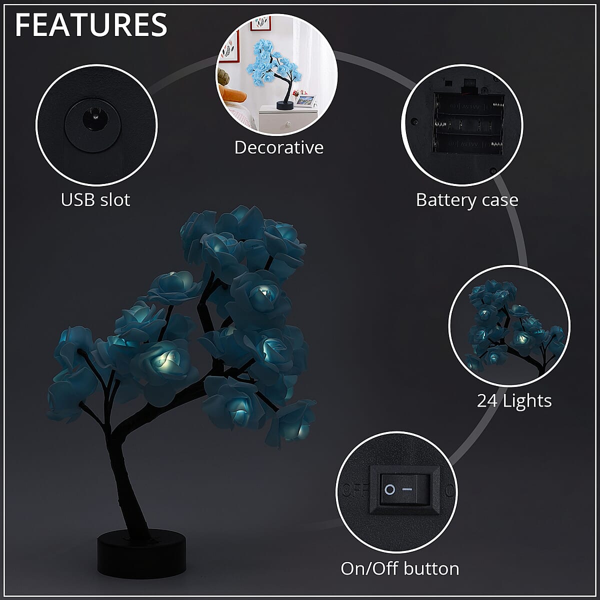 Rose Flower Desk Tree Lamp with 24 Warm White LED Lights USB/Battery Operated Gift Table Lamp for Indoor Outdoor image number 2