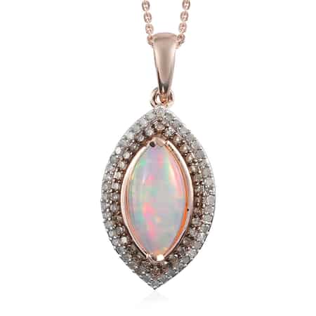 Ethiopian Welo Opal and Natural Champagne and White Diamond Pendant Necklace 20 Inches in Vermeil Rose Gold Over Sterling Silver 2.10 ctw image number 0