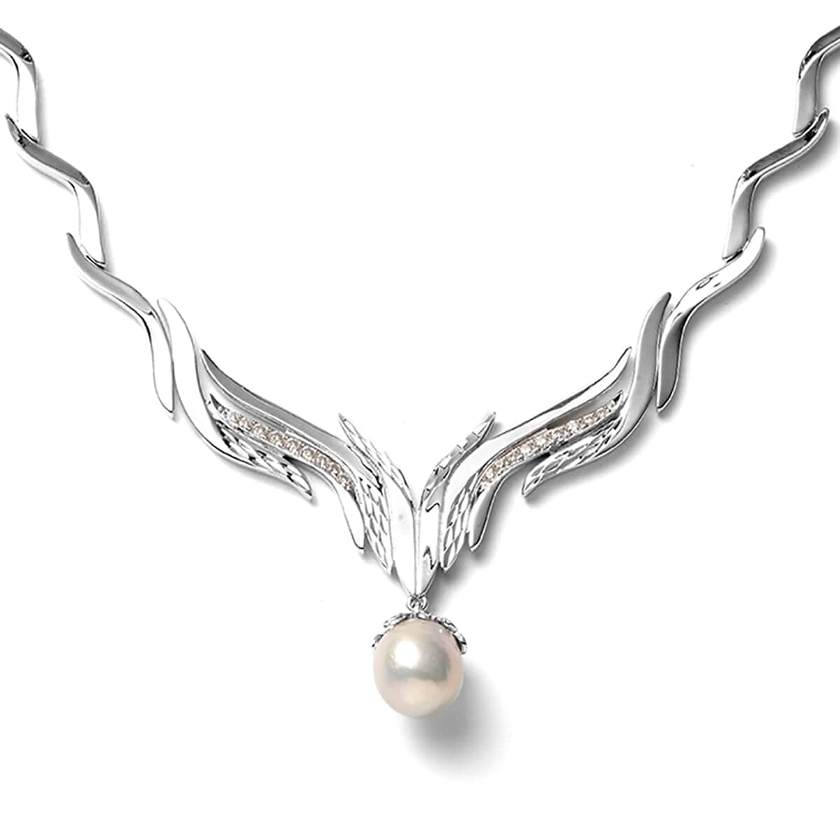 LucyQ Flame Collection Organic Shape Baroque Pearl and Moissanite Necklace 20 Inches in Rhodium Over Sterling Silver 0.75 ctw image number 0