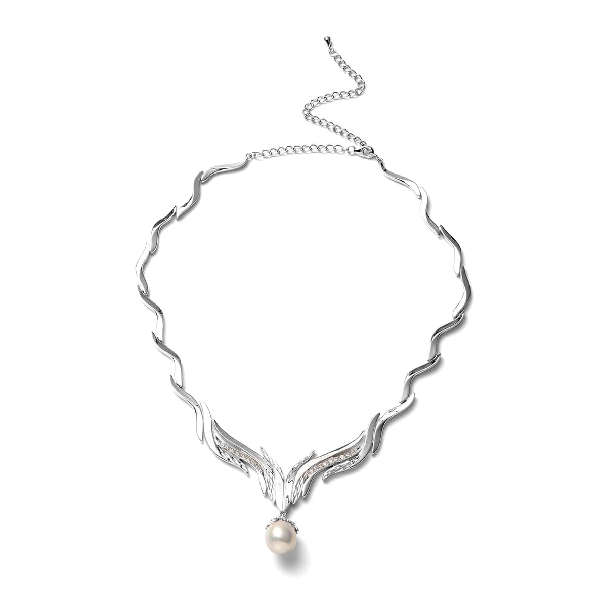 LucyQ Flame Collection Organic Shape Baroque Pearl and Moissanite Necklace 20 Inches in Rhodium Over Sterling Silver 0.75 ctw image number 2