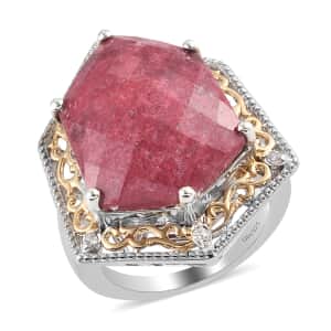 Norwegian Thulite and Zircon Fancy Ring in Vermeil Yellow Gold and Platinum Over Sterling Silver (Size 6.0) 8.35 Grams 14.60 ctw