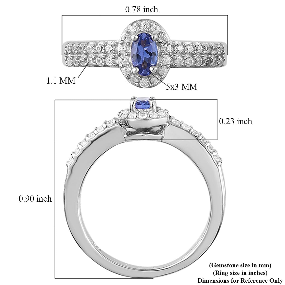 AAA Tanzanite and Zircon Halo Ring in Platinum Over Sterling Silver (Size 10.0) 0.65 ctw