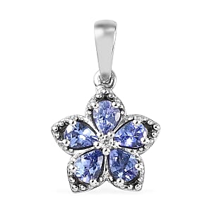 AAA Tanzanite and Zircon Flower Pendant without Chain in Platinum Over Sterling Silver 0.70 ctw