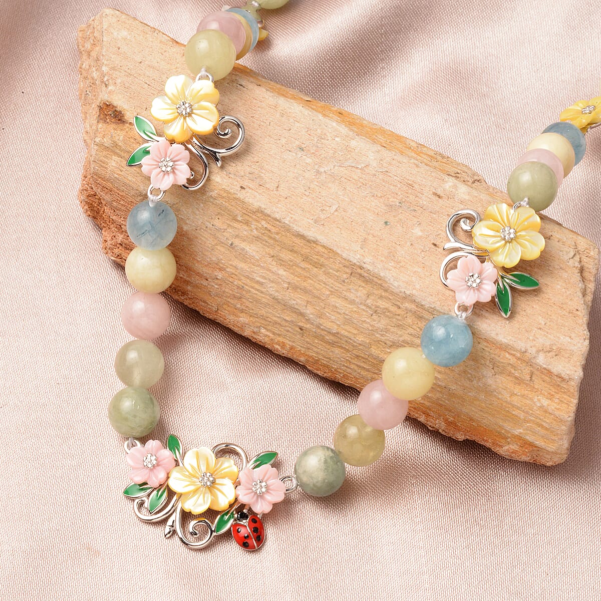 Jardin Collection Marropino Morganite and Multi Gemstone Enameled Carved Floral Adjustable Necklace 20In in Rhodium Over Sterling Silver 145.25 ctw image number 1