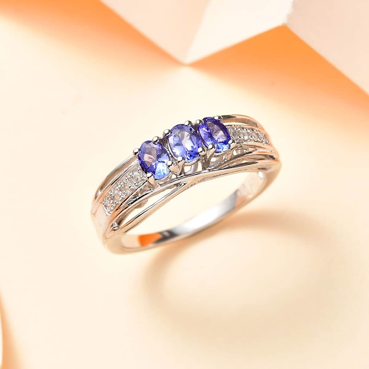 AAA Tanzanite and Zircon Trilogy Ring in Platinum Over Sterling Silver (Size 5.0) 0.65 ctw image number 1