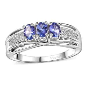 AAA Tanzanite and Zircon Trilogy Ring in Platinum Over Sterling Silver (Size 7.0) 0.65 ctw
