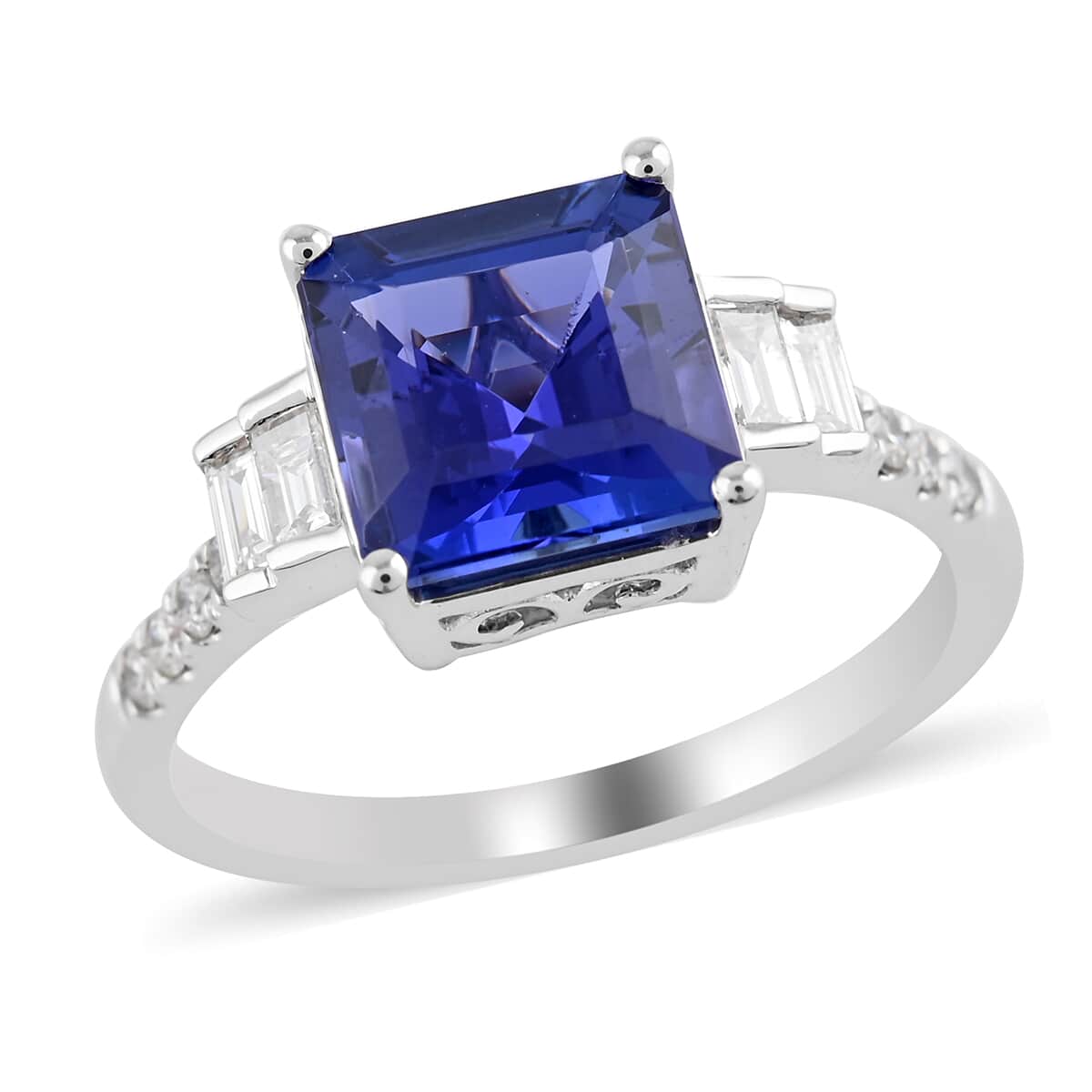 Rhapsody 950 Platinum AAAA Asscher Cut Tanzanite and E-F VS Diamond Ring (Size 10.0) 5.35 Grams 3.40 ctw image number 0