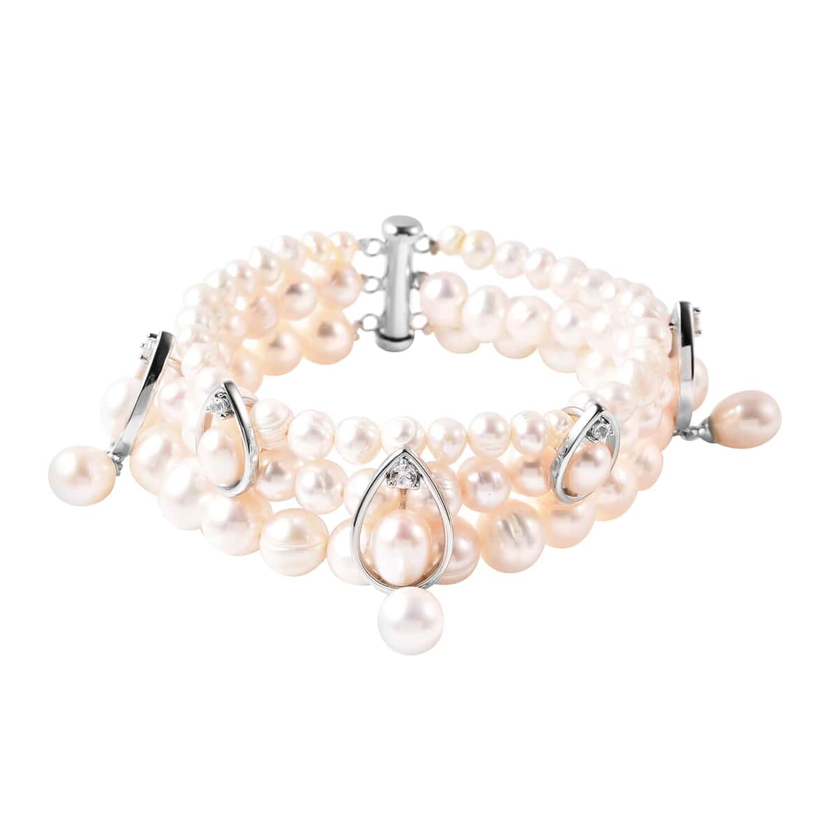 LucyQ Freshwater White Cultured Pearl and White Zircon Bracelet in Rhodium Over Sterling Silver (7.50 In) 9.40 Grams 0.50 ctw image number 0