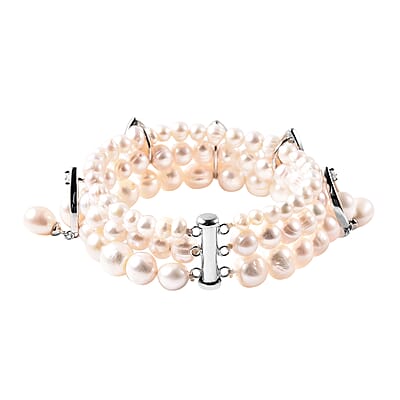 LucyQ Freshwater White Cultured Pearl and White Zircon Bracelet in Rhodium Over Sterling Silver (7.50 In) 0.50 ctw