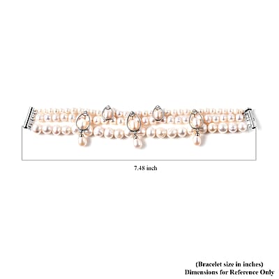 LucyQ Freshwater White Cultured Pearl and White Zircon Bracelet in Rhodium Over Sterling Silver (7.50 In) 0.50 ctw