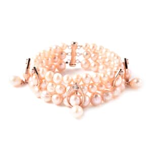 LucyQ Freshwater Peach Cultured Pearl and White Zircon Bracelet in 14K Rose Gold Over Sterling Silver (7.50 In) 0.50 ctw