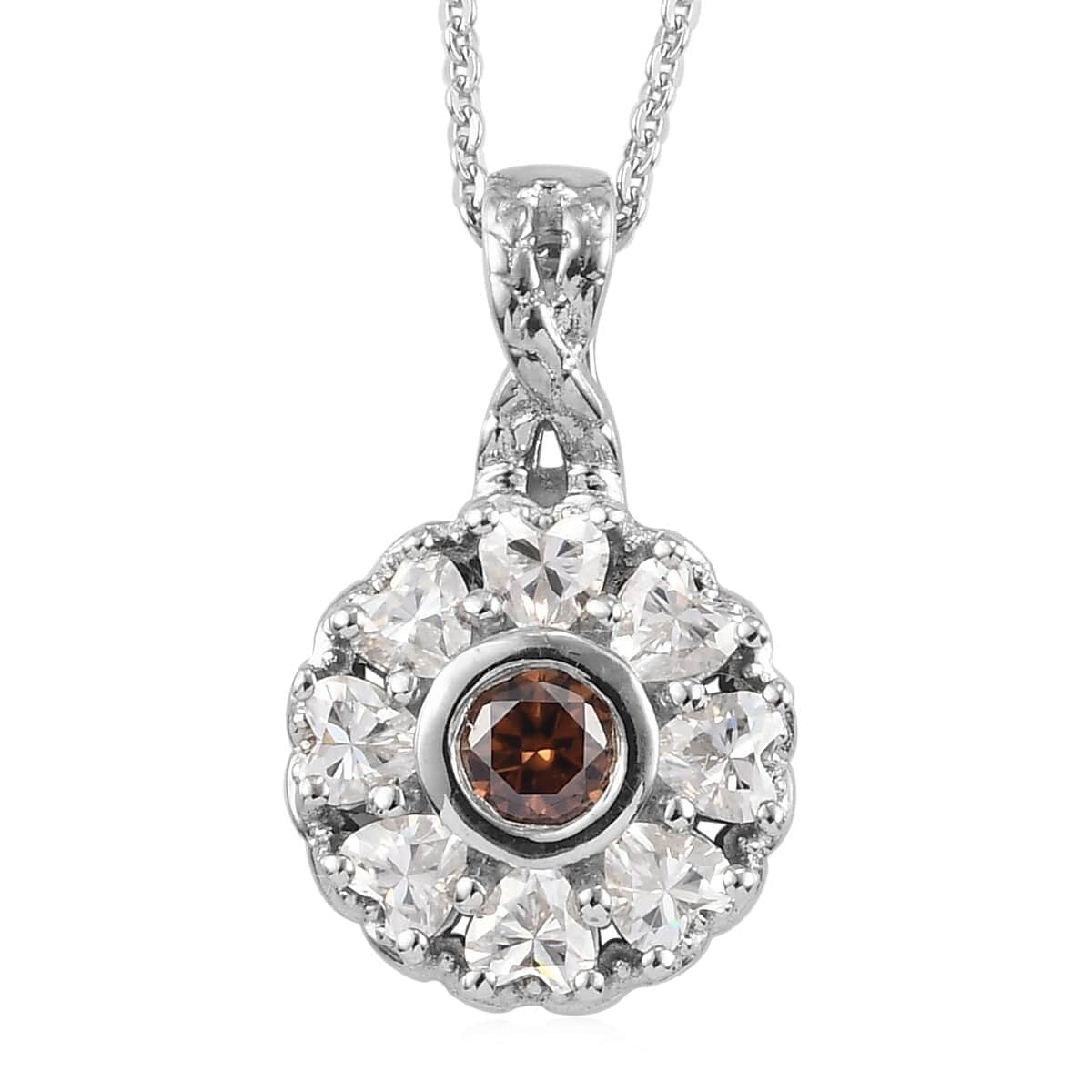 Champagne and White Moissanite Floral Pendant Necklace 20 Inches Platinum Over Sterling Silver 1.00 ctw image number 0