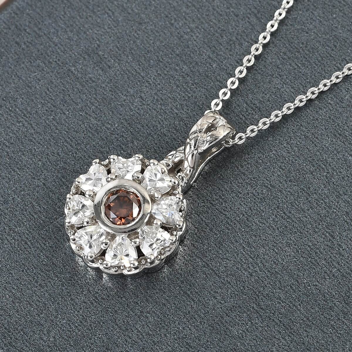 Champagne and White Moissanite Floral Pendant Necklace 20 Inches Platinum Over Sterling Silver 1.00 ctw image number 1