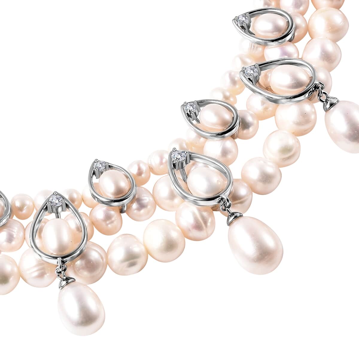 LucyQ Freshwater White Cultured Pearl and White Zircon Necklace 18.50 Inches in Rhodium Over Sterling Silver 1.75 ctw image number 3
