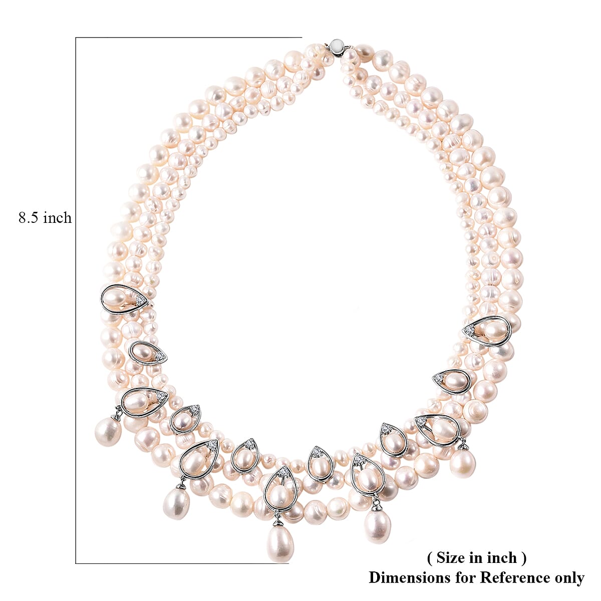 LucyQ Freshwater White Cultured Pearl and White Zircon Necklace 18.50 Inches in Rhodium Over Sterling Silver 1.75 ctw