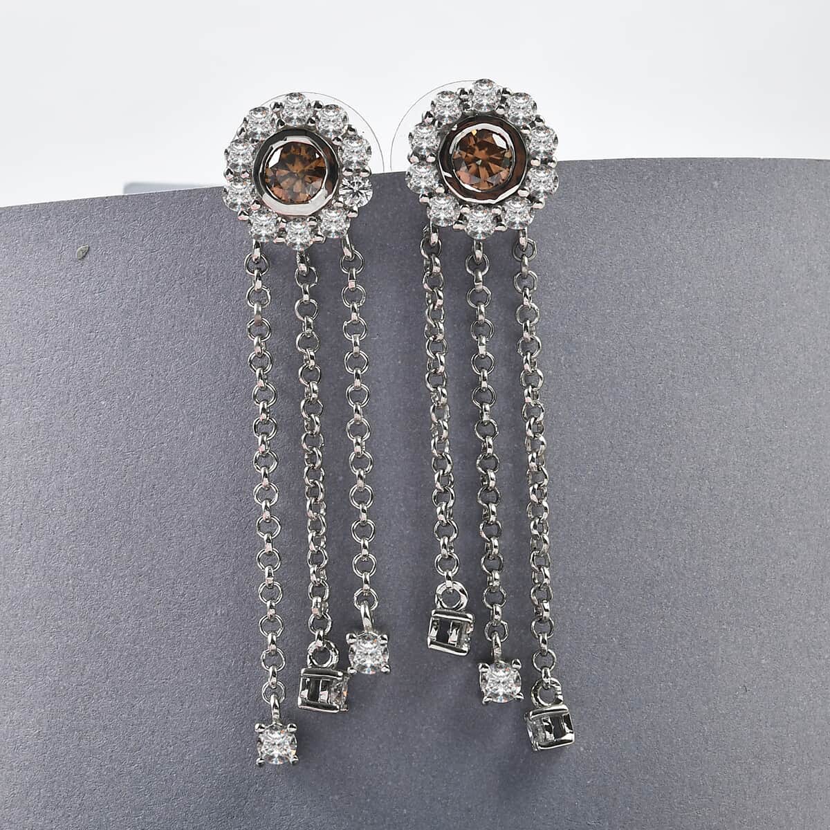 Champagne and White Moissanite Drop Earrings in Platinum Over Sterling Silver 2.65 ctw image number 1