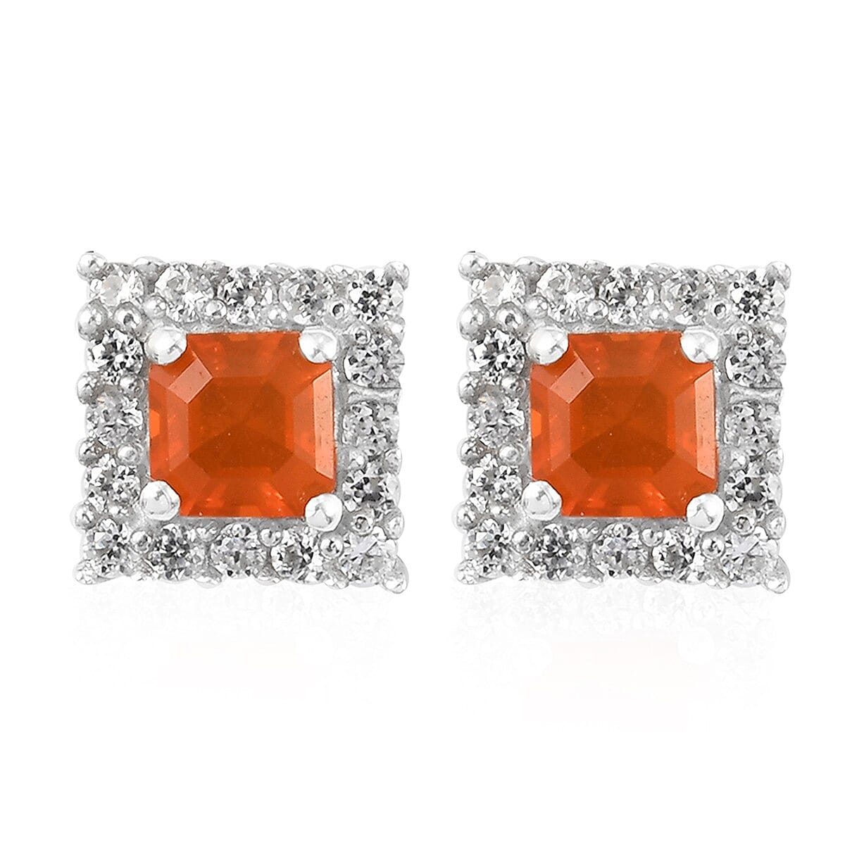 Crimson Fire Opal and Zircon Boxed Halo Earrings in Platinum Over Sterling Silver 1.20 ctw