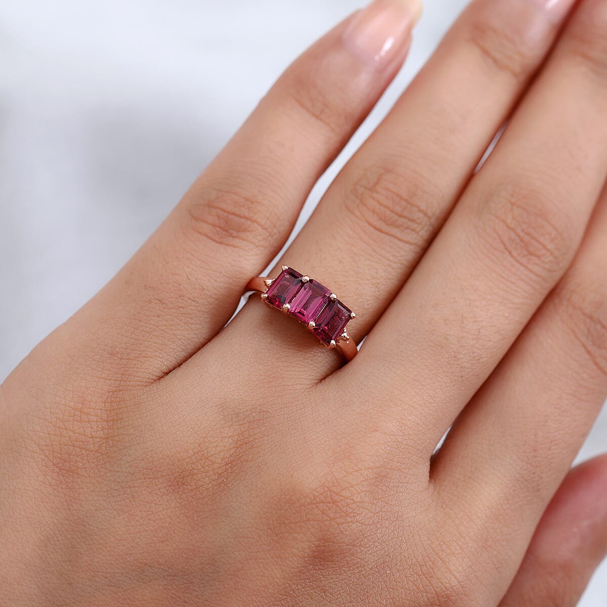 Tanzanian Wine Garnet 3 Stone Ring in Vermeil Rose Gold Over Sterling Silver (Size 9.0) 2.30 ctw image number 2