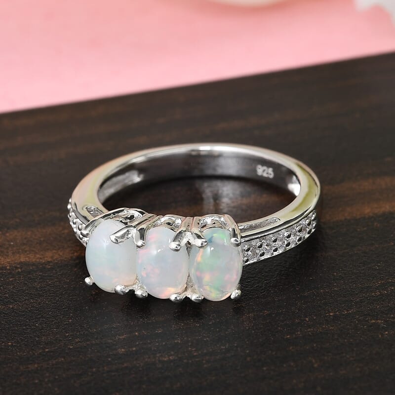 Ethiopian Welo Opal and White Zircon 1.10 ctw Ring in Platinum Over Sterling Silver (Size 10.0)
