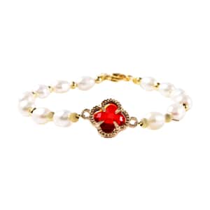 Simulated Ruby and White Freshwater Pearl Bracelet With Four Clover Leaf Charm in Goldtone Lobster Clasp (7.5-9.5-In)