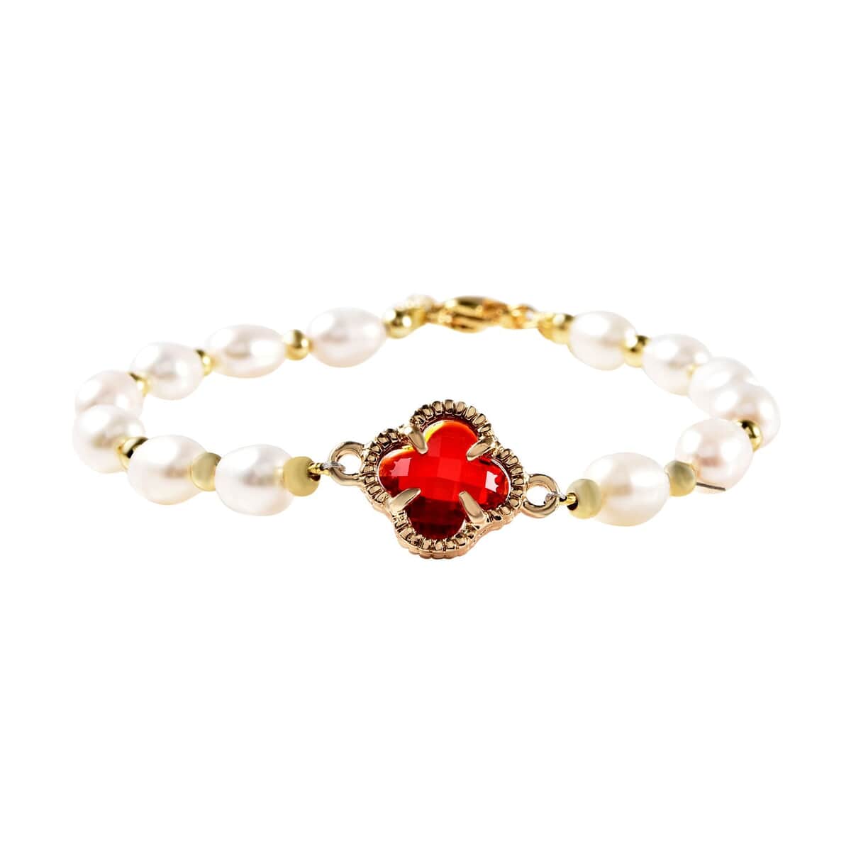 Simulated Ruby and White Freshwater Pearl Bracelet With Four Clover Leaf Charm in Goldtone Lobster Clasp (7.5-9.5-In) image number 0