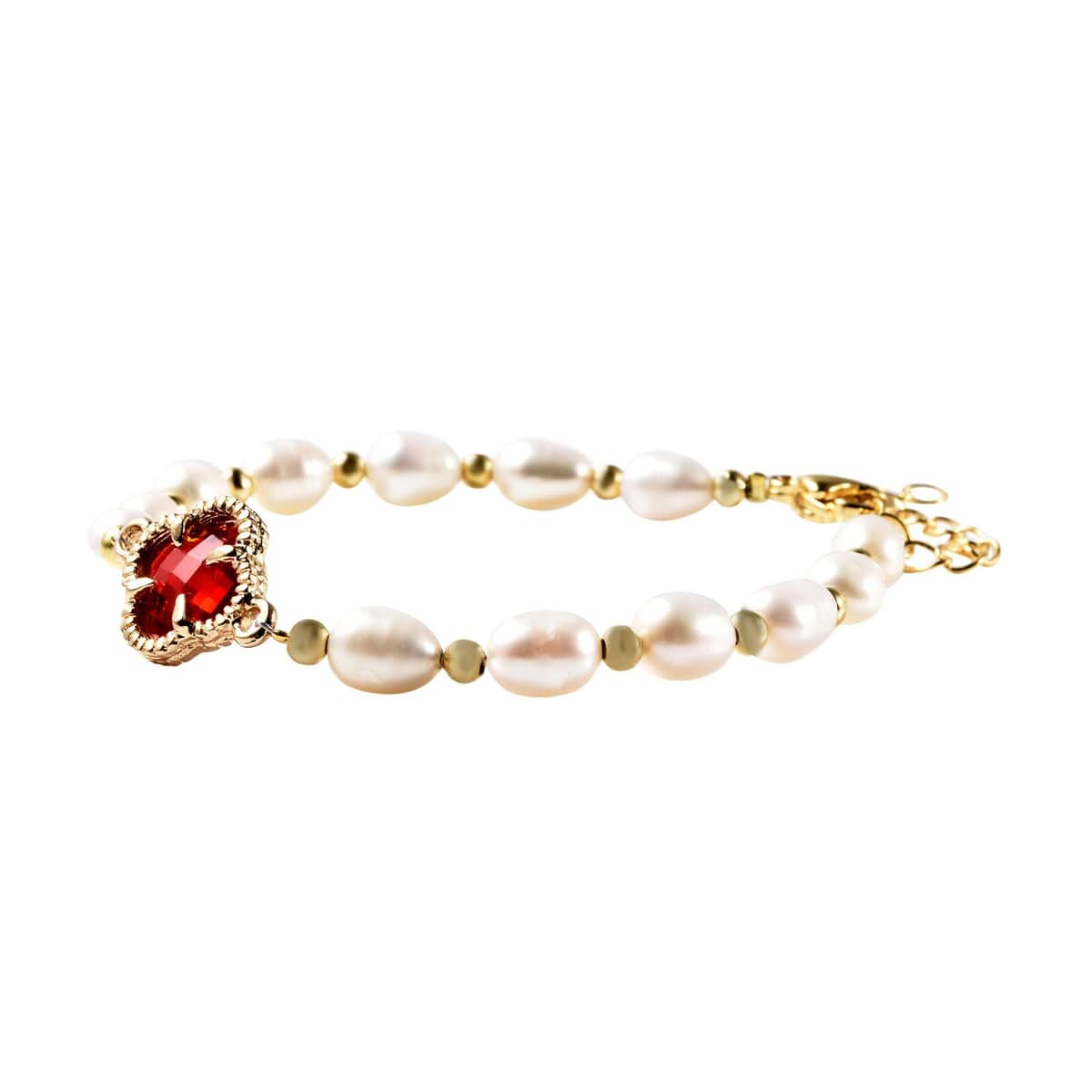 Simulated Ruby and White Freshwater Pearl Bracelet With Four Clover Leaf Charm in Goldtone Lobster Clasp (7.5-9.5-In) image number 2