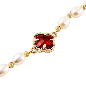 Simulated Ruby and White Freshwater Pearl Bracelet With Four Clover Leaf Charm in Goldtone Lobster Clasp (7.5-9.5-In)