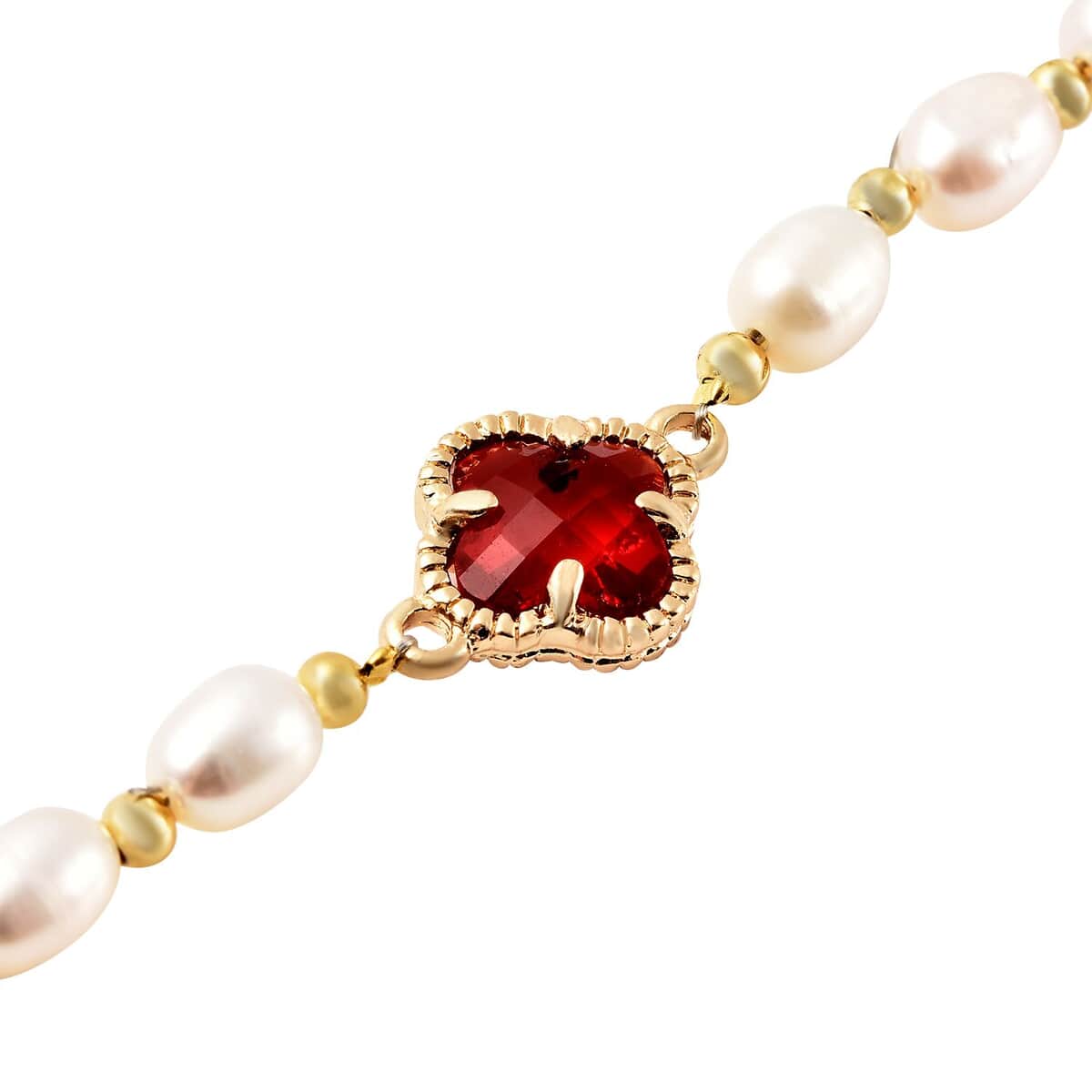 Simulated Ruby and White Freshwater Pearl Bracelet With Four Clover Leaf Charm in Goldtone Lobster Clasp (7.5-9.5-In) image number 3