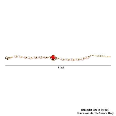 Simulated Ruby and White Freshwater Pearl Bracelet With Four Clover Leaf Charm in Goldtone Lobster Clasp (7.5-9.5-In)