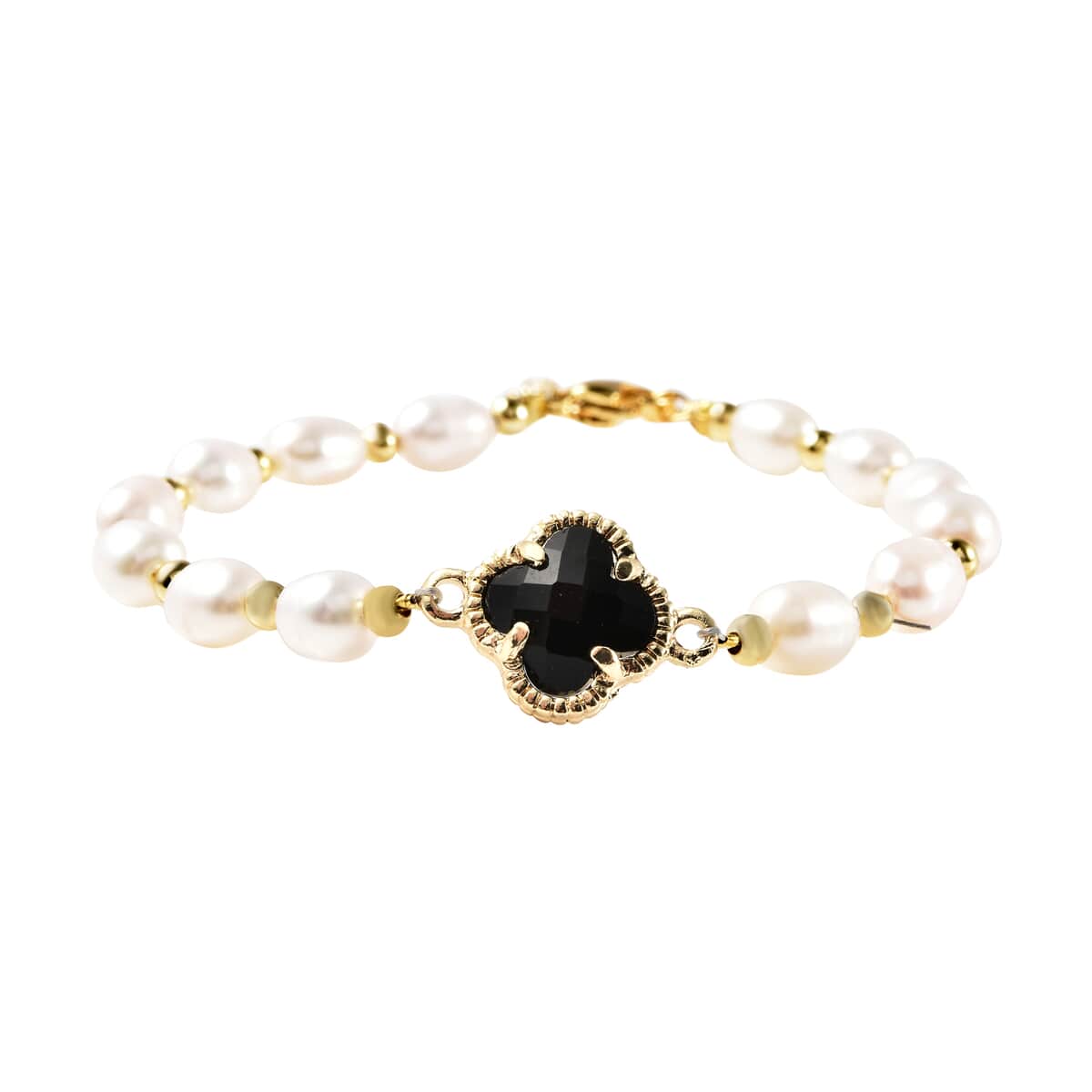 Simulated Black Sapphire and White Freshwater Pearl Bracelet in Goldtone Lobster Clasp (6.00 In) image number 0