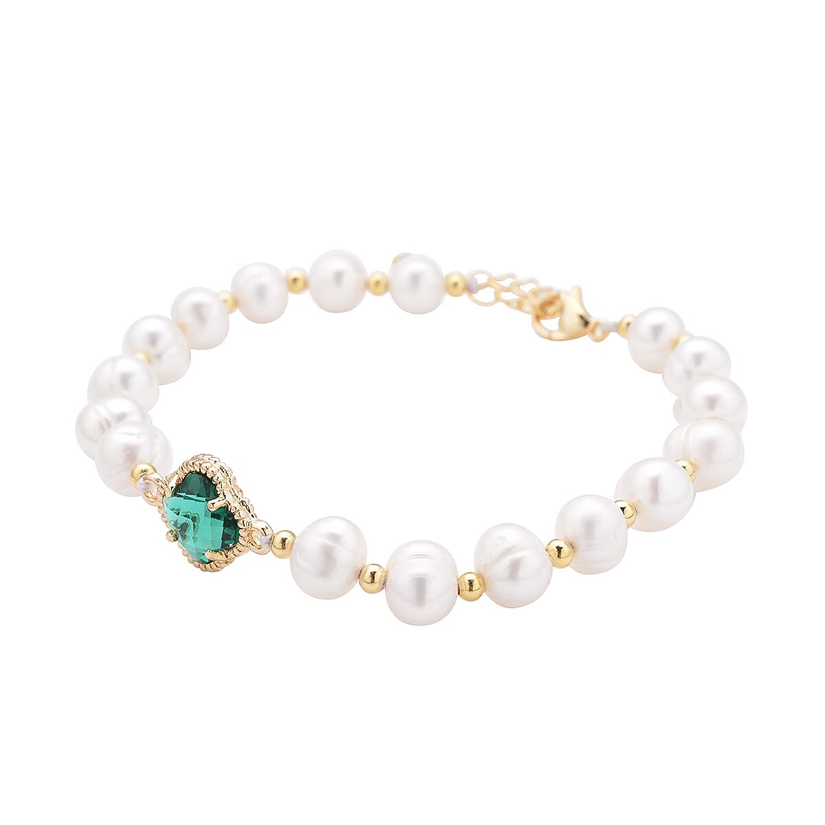 Simulated Emerald and White Freshwater Pearl Bracelet With Four Clover Leaf Charm in Goldtone Lobster Clasp (7.5-9.5-In) image number 2
