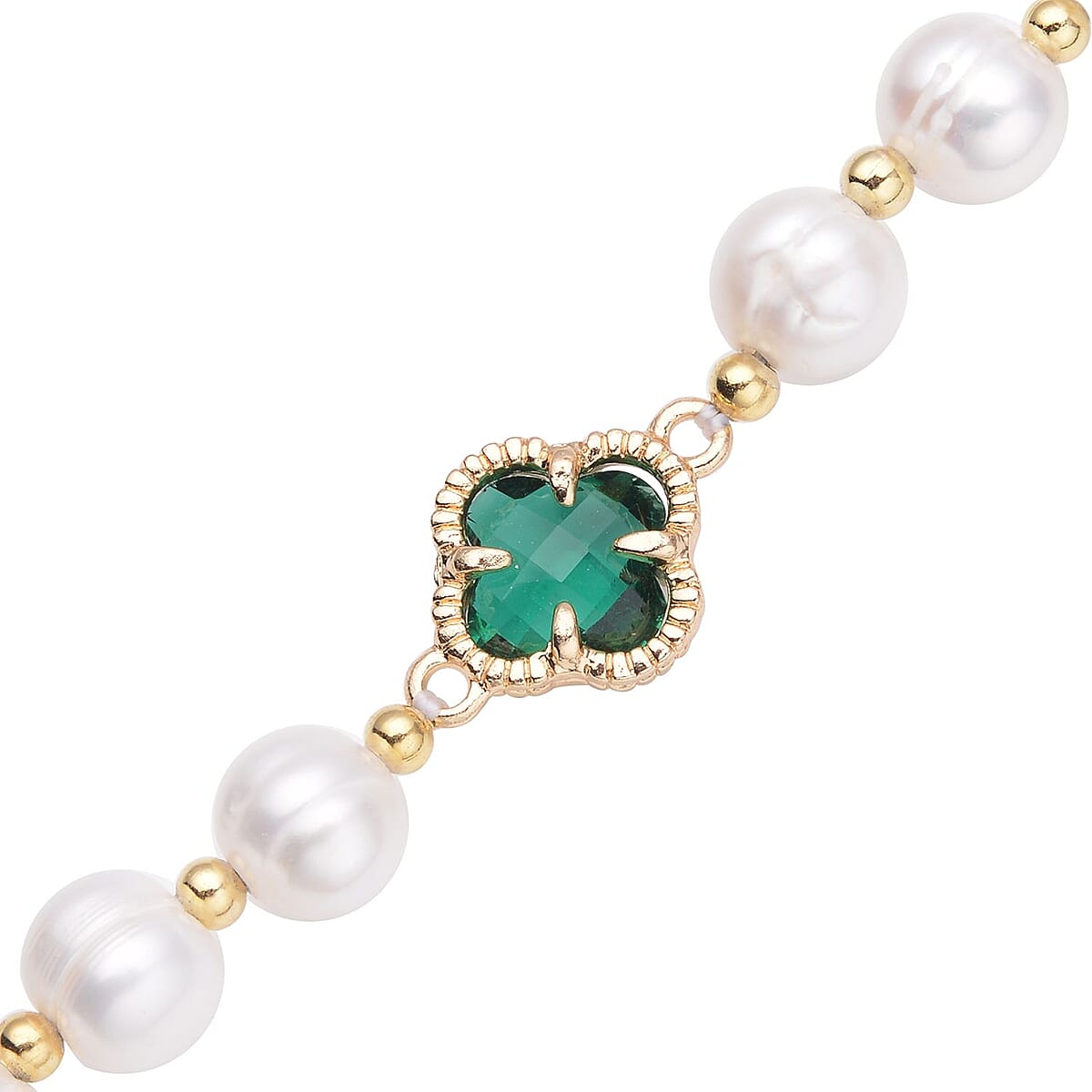 Simulated Emerald and White Freshwater Pearl Bracelet With Four Clover Leaf Charm in Goldtone Lobster Clasp (7.5-9.5-In) image number 3