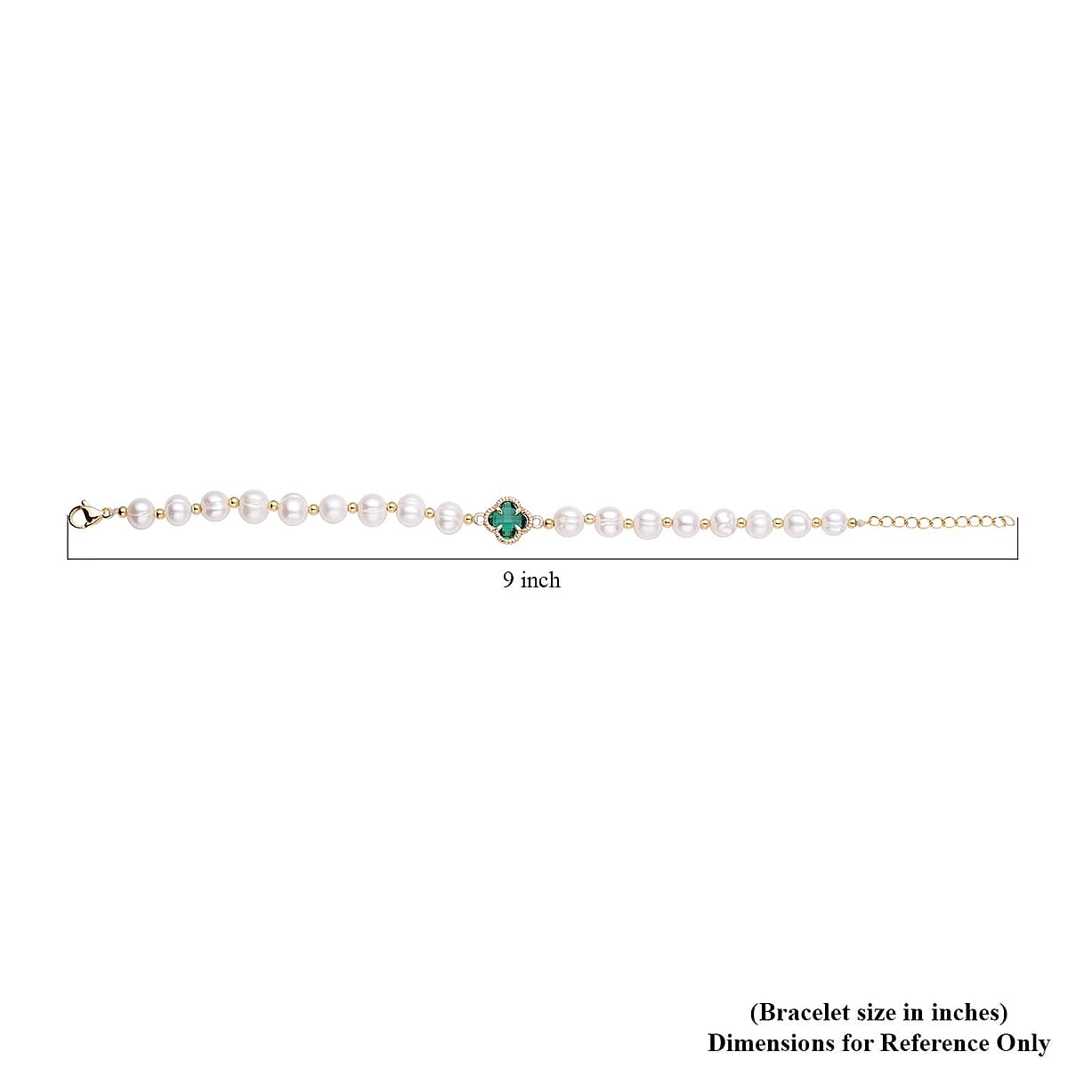 Simulated Emerald and White Freshwater Pearl Bracelet With Four Clover Leaf Charm in Goldtone Lobster Clasp (7.5-9.5-In) image number 4